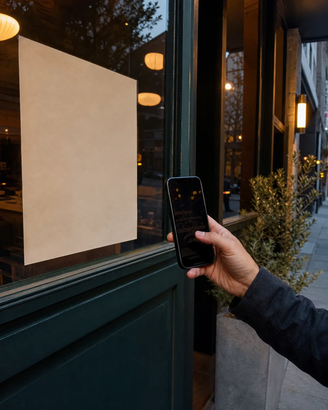 Illustrative restaurant window scene with a customer scanning a menu poster